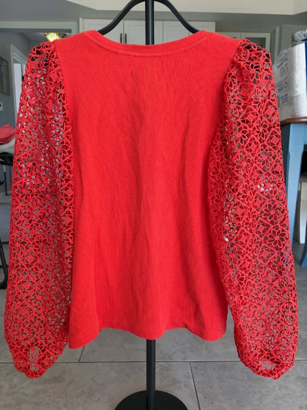 Maeve by Anthropologie Red Crochet Lace Balloon Sleeve Ribbed Top M